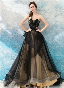 Picture of Black Color and Champagne Tulle Long Party Dresses, A-line Fashionabe Formal Gown